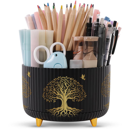 SKYDUE 360 Rotating Plastic Desk Pen Organizer with 5 Slots, Dual-Purpose Art Supply Pencil Cup for Office, School, Home