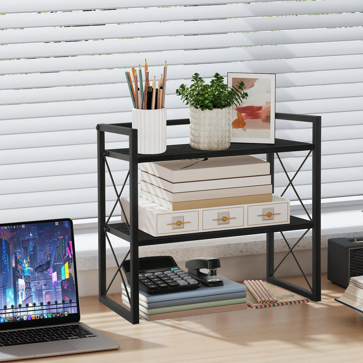YINMIT Desktop Shelf Organizer, 2 Tier Office Shelves, Wood Desk Organizer Storage Rack and Freestanding Display Shelf for Office, Dormitory, Home(Black)