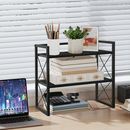 YINMIT Desktop Shelf Organizer, 2 Tier Office Shelves, Wood Desk Organizer Storage Rack and Freestanding Display Shelf for Office, Dormitory, Home(Black)