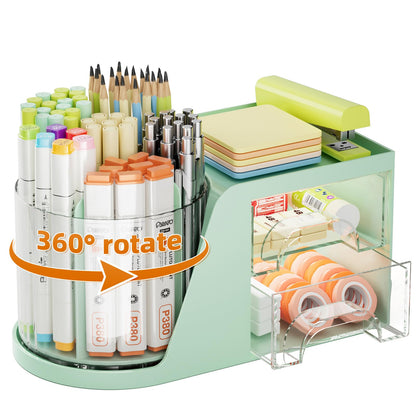 Marbrasse Desk Organizer with 2 Drawer, 360°Rotating Pen Holder, Desk Organizers and Accessories with 6 Slots Pencil Holder + 2 Drawer, Art Supply Storage Box Caddy for Office (Black)