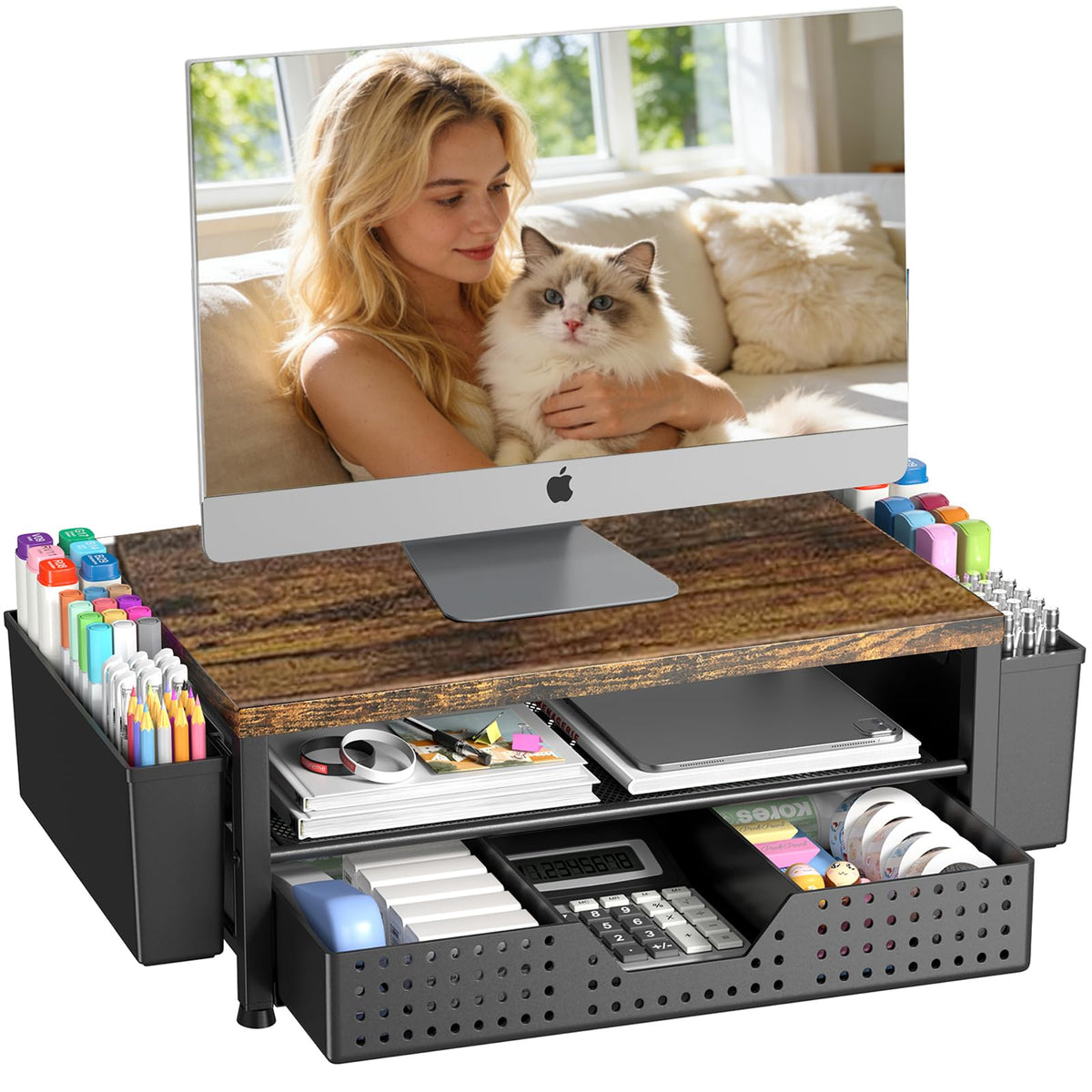 OPNICE Desk Organizers and Accessories, Computer Monitor Stand Riser with Drawer and 2 Pen Holders, Printer & Laptop Stand, Office Desk Accessories & Workspace Organizers for Home Office Supplies, Black
