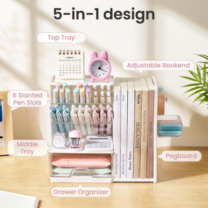 Sooez Desk Organizer with Bookends, Pegboard & Drawer, Pen & Pencil Holder