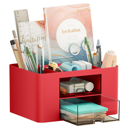 Marbrasse Pen Organizer with 2 Drawer, Multi-Functional Pencil Holder for Desk, Desk Organizers and Accessories with 5 Compartments + Drawer for Office Art Supplies (White)