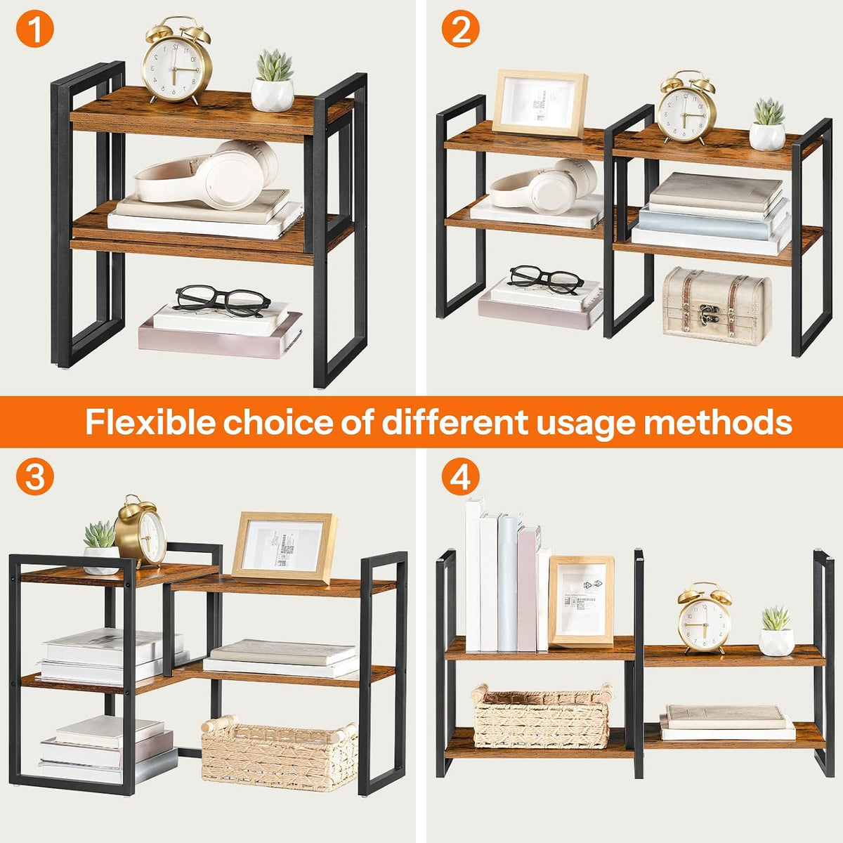 HOOBRO Desk Shelf Organizer, Adjustable Desktop Bookshelf,Wooden Office Storage Rack for Top of Desk,Office, Study, Kitchen, Dorm, Rustic Brown and Black BF39SJ01