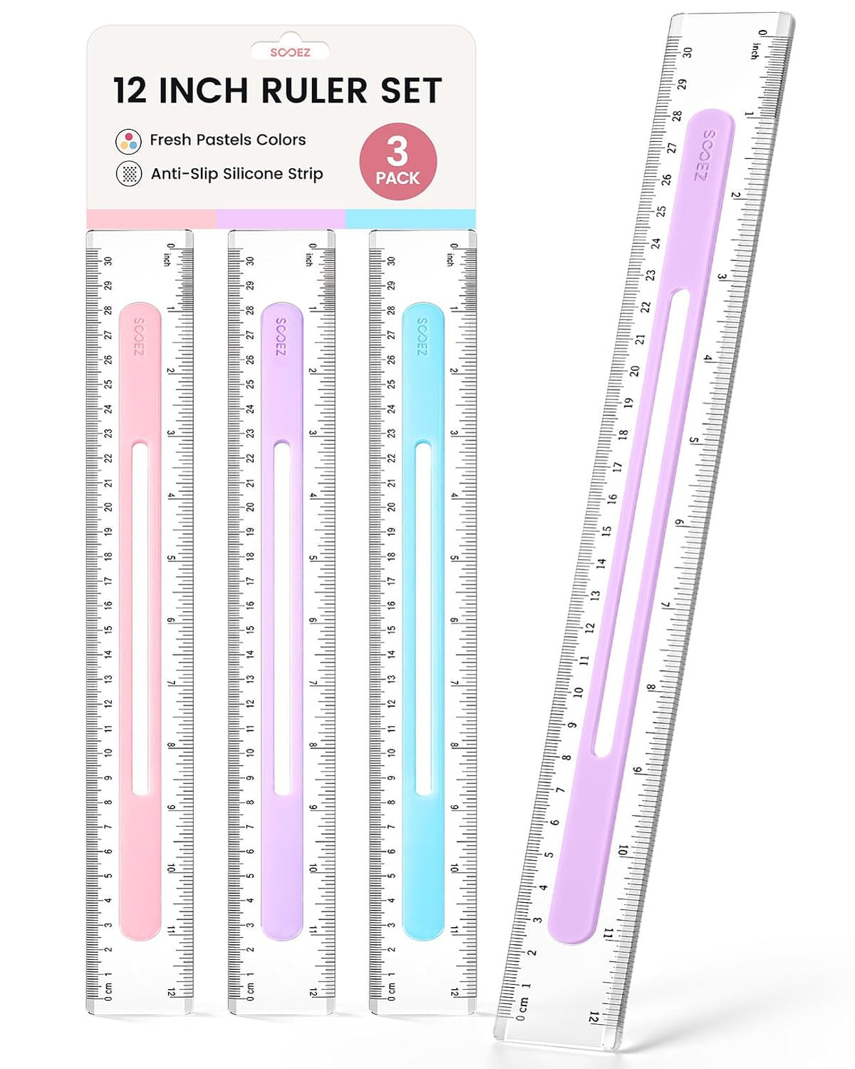 Sooez 3 Pack Ruler 12 Inch, Anti-Slip Clear Rulers for Kids School, Pastels