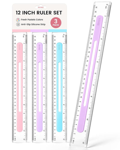 Sooez 3 Pack Ruler 12 Inch, Anti-Slip Clear Rulers for Kids School, Pastels