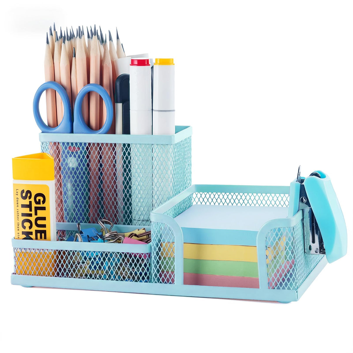 M&G Mesh Pen Holder Desk Organizers Pencil Holder for Desk Black, 3 Compartments Metal Office Supply Organizer with Sticky Notes Holder for School Home Office