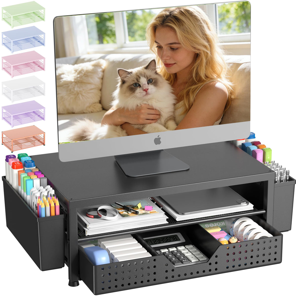 OPNICE Desk Organizers and Accessories, Computer Monitor Stand Riser with Drawer and 2 Pen Holders, Printer & Laptop Stand, Office Desk Accessories & Workspace Organizers for Home Office Supplies, Black