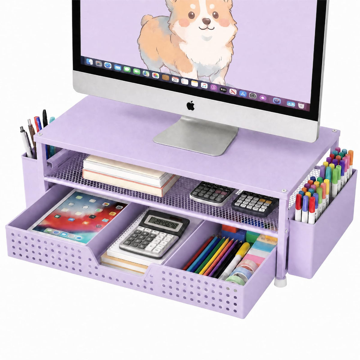 ECOLOVI Desk Organizer and Accessories, 2-Tier Computer Monitor Stand Rise with Storage Drawer & 2 Pen Holders, Laptop & Printer Stand for Desktop, Workspace Organizers for Office Supplies (Black)