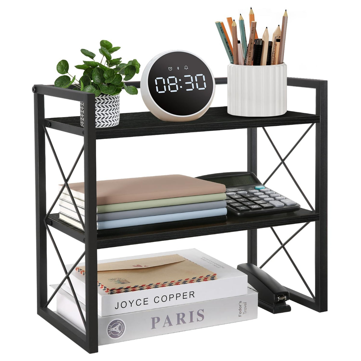 YINMIT Desktop Shelf Organizer, 2 Tier Office Shelves, Wood Desk Organizer Storage Rack and Freestanding Display Shelf for Office, Dormitory, Home
