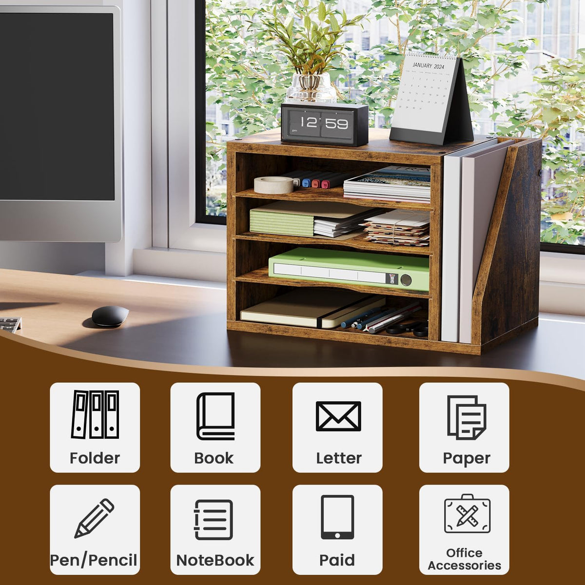 Wooden Mail Organizer, Desk Organizer with 3 Adjustable Shelves