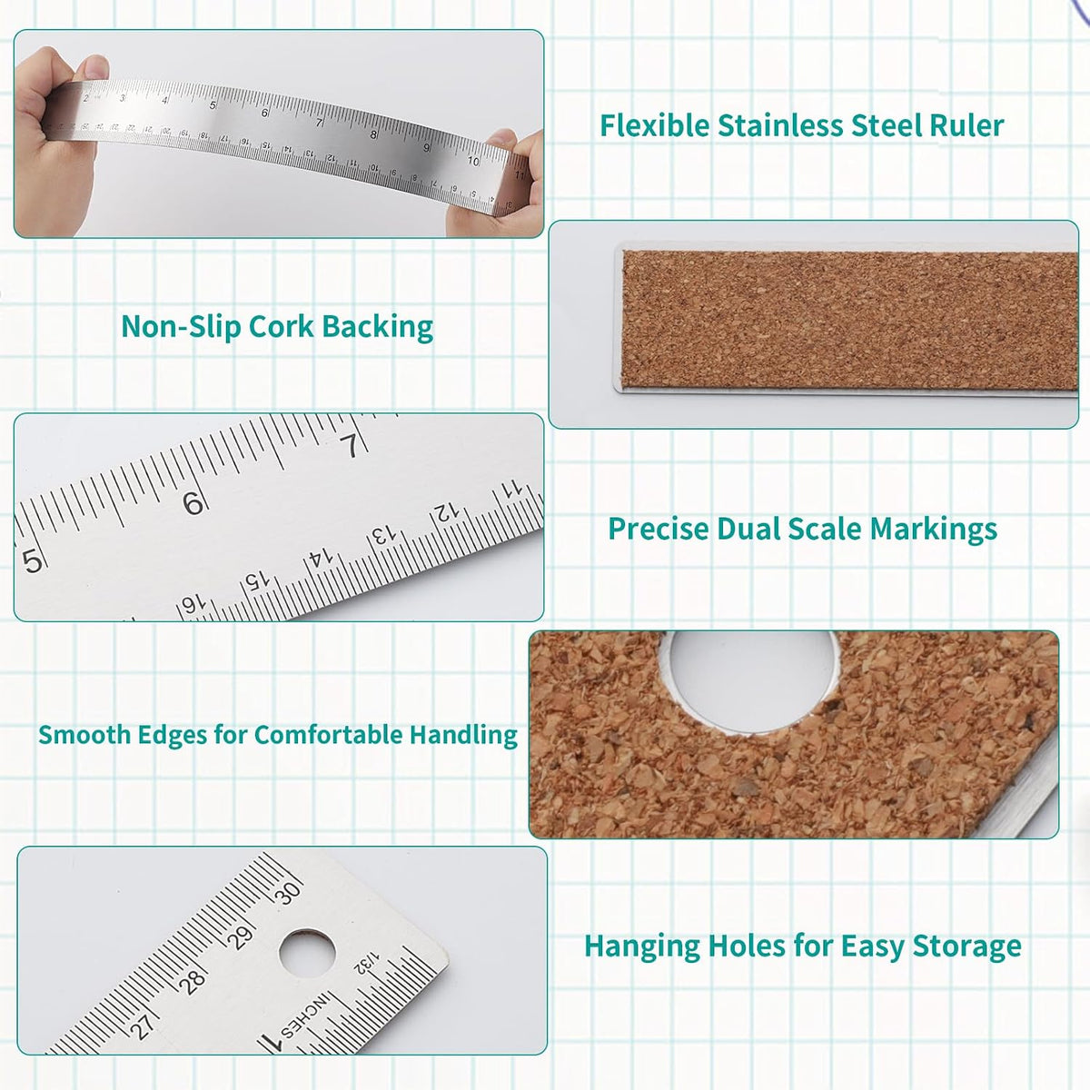 Metal Ruler 6+12 Inch Stainless Steel Ruler with Cork Backing
