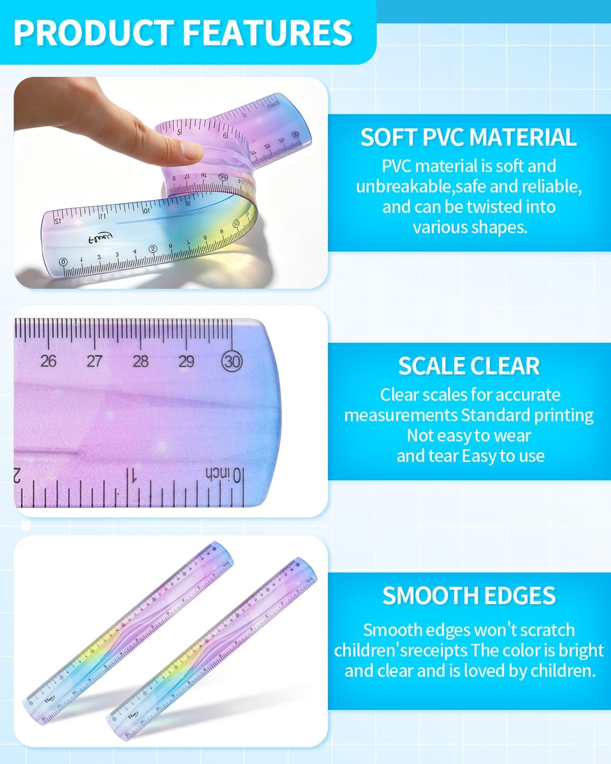 2 Pcs 12 Inch Flexible Ruler, Bendable Plastic Ruler, Gradient-Colored Flexible Rulers with Centimeters and Inches for Students, School, Classroom and Office Use