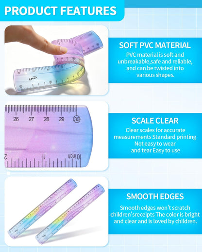 2 Pcs 12 Inch Flexible Ruler, Bendable Plastic Ruler, Gradient-Colored Flexible Rulers with Centimeters and Inches for Students, School, Classroom and Office Use