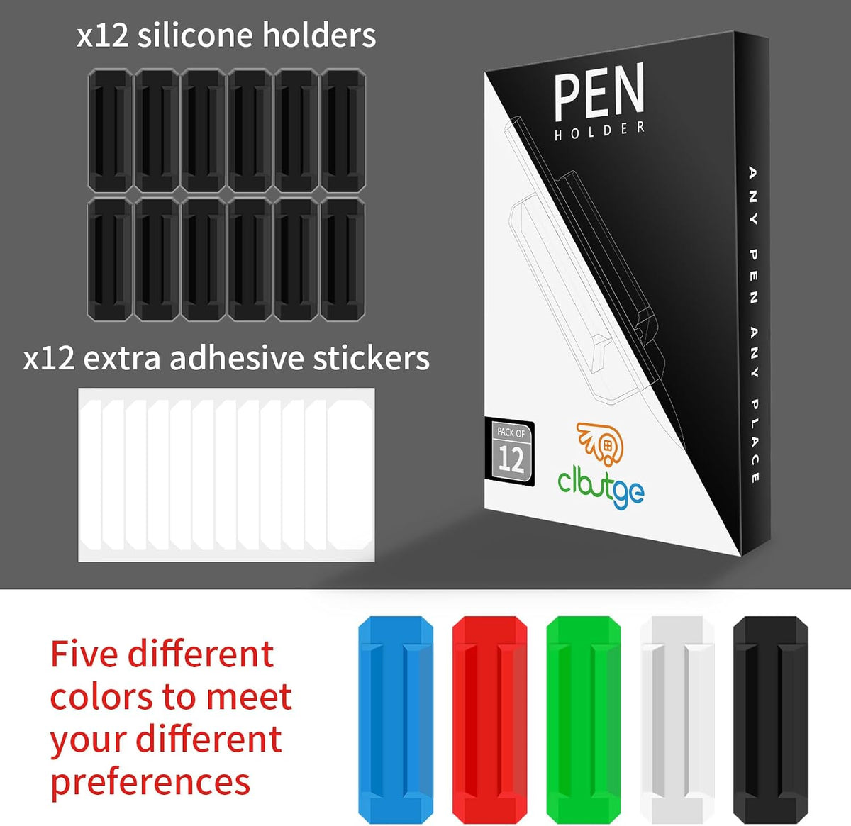 12 Pack Silicone Pen Holder/Pencil for Desk with 12 Extra Adhesive Stickers