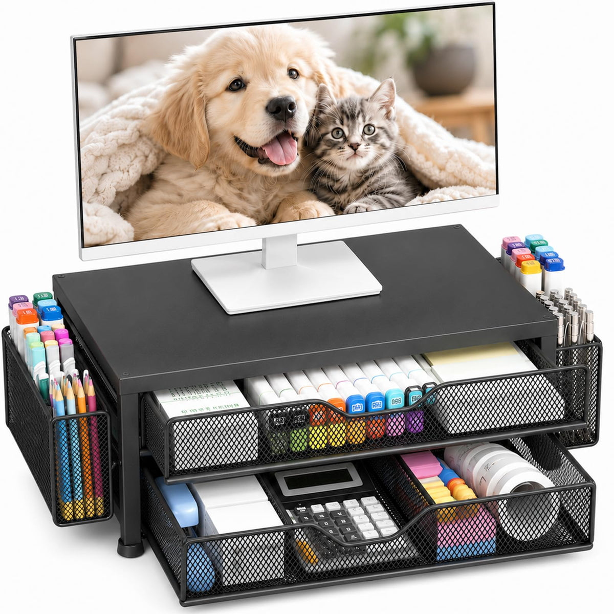 OPNICE Desk Organizer and Accessories, 2-Tier Computer Monitor Stand Riser with Drawer and 2 Pen Holders, Laptop Stand, Office Desk Accessories for Office Supplies, Black