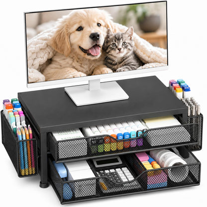 OPNICE Desk Organizer and Accessories, 2-Tier Computer Monitor Stand Riser with Drawer and 2 Pen Holders, Laptop Stand, Office Desk Accessories for Office Supplies, Black