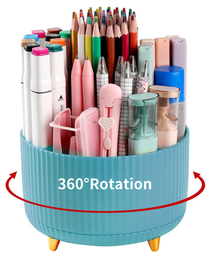 Desk Pencil Pen Holder, 5 Slots 360°Degree Rotating Pen Organizers for Desk, Desktop Storage Stationery Supplies Organizer, Cute Pencil Cup Pot for Office, School, Home, Art Supply, Dark Green
