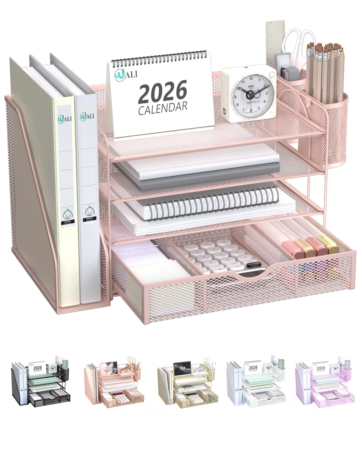 WALI Desk File Organizer, 4 Tier Desktop Paper Letter Tray Organizer with Drawer and 2 Pen Holders, Office Desk Accessories & Workspace Organizers for Office, Home, School Supplies, 1 Pack, Rose Gold