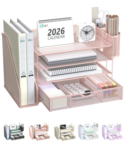 WALI Desk File Organizer, 4 Tier Desktop Paper Letter Tray Organizer with Drawer and 2 Pen Holders, Office Desk Accessories & Workspace Organizers for Office, Home, School Supplies, 1 Pack, Rose Gold