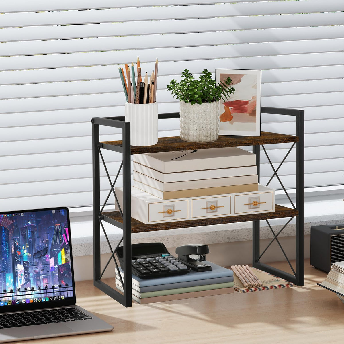 YINMIT Desktop Shelf Organizer, 2 Tier Office Shelves, Wood Desk Organizer Storage Rack and Freestanding Display Shelf for Office, Dormitory, Home