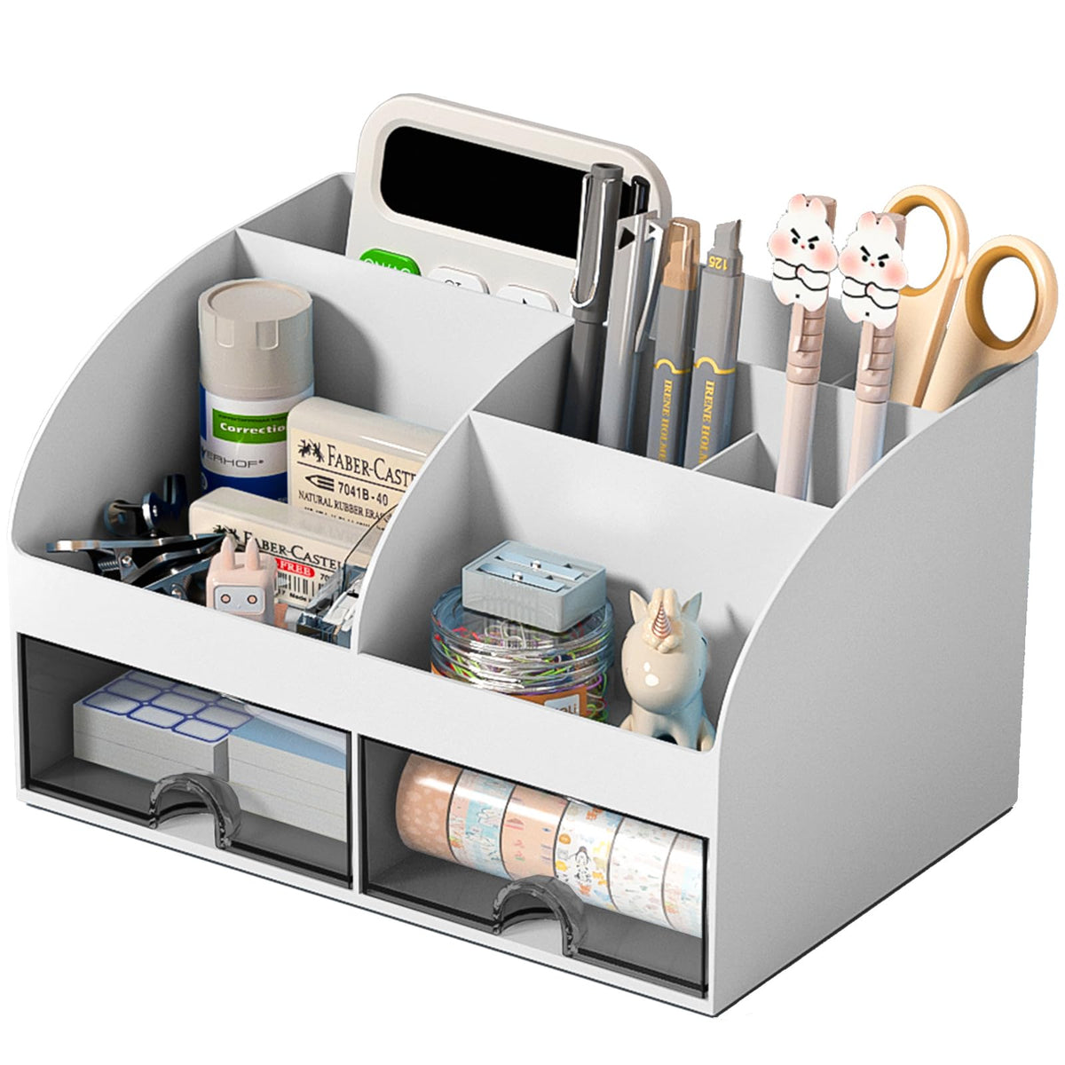 COMFYROOM Desk Organizer with 6 Compartments and 2 Drawers, Plastic Makeup Organizer, Pen Holder for Desktop Storage, Desk Organization for School, Home, Office Supplies (Black)