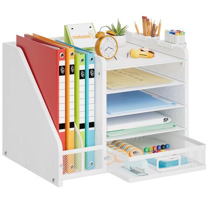 Marbrasse Desk Organizer with File Holder, 5-Tier Paper Letter Tray Organizer with Drawer and 2 Pen Holder, Mesh Desktop Organizer and Storage with Magazine Holder for Office Supplies(Black)