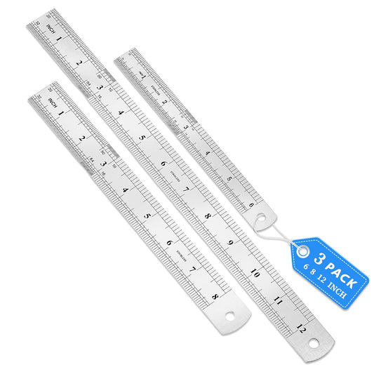 Metal Ruler, 3 Pack, 6, 8, 12 Inch (15, 20, 30 CM) | Metric Ruler