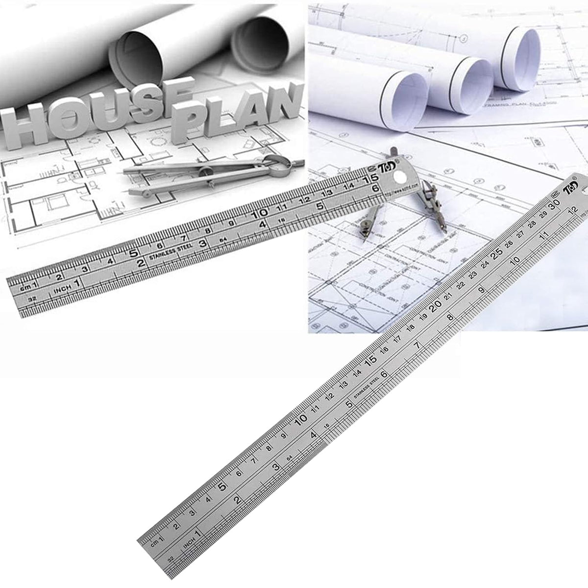 YouOKLight Metal Ruler Set, Stainless Steel 6 Inch and 12 Inch Rulers with Inches and Centimeters, Metric Precision Measuring Drawing Ruler, Silver