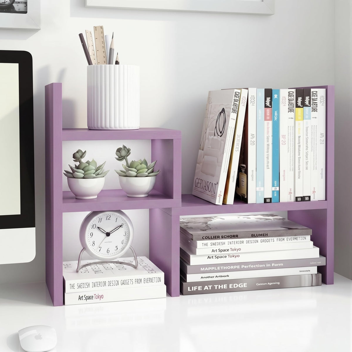 Jerry & Maggie - Desktop Organizer Office Storage Rack Adjustable Wood Display Shelf | Birthday Gifts - Toy - Home Decor | - Free Style Rotation Display - True Natural Stand Shelf (White)