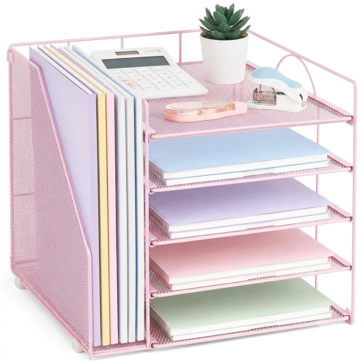 LEKETREE Desk Organizers and Accessories, 5-Tier Paper Letter Tray Organizer with File Holder, Desktop Organizer for Office Supplies (Black)