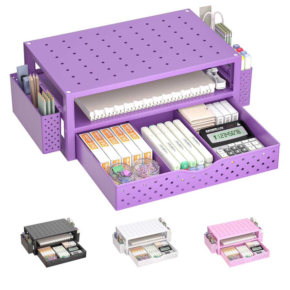WALI Desk File Organizer, 4 Tier Desktop Paper Letter Tray Organizer with Drawer and 2 Pen Holders, Office Desk Accessories & Workspace Organizers for Office, Home Supplies(DO005DH-B), 1 Pack, Black