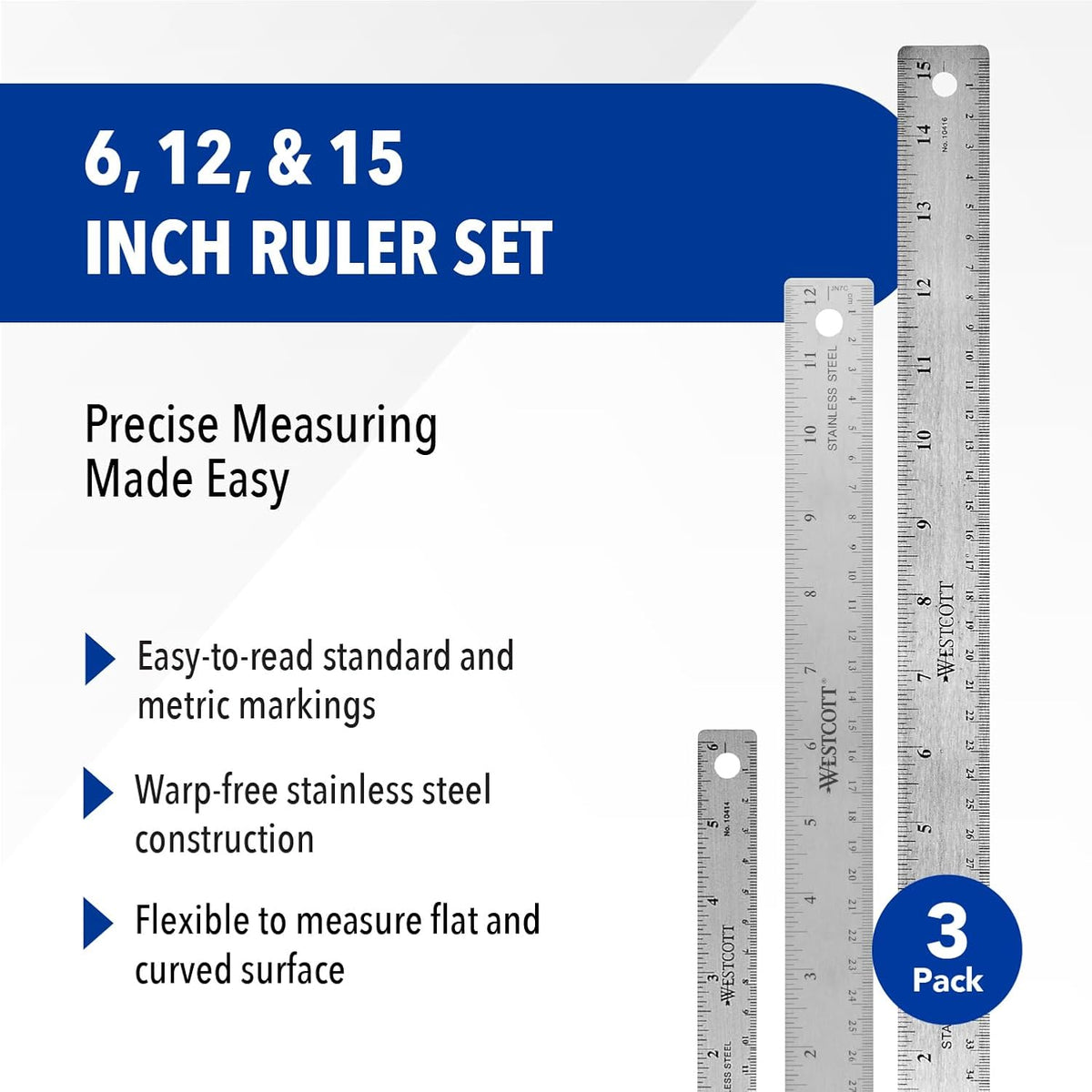 Westcott Stainless Steel Ruler Set with Flexible Design, Non-Slip Cork Base, for Crafting, Office, Classroom, Back to School Supplies, Includes 6-, 12-, & 15-inch Rulers, 3 Pack
