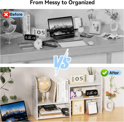 YGYQZ Adjustable Desktop Shelf Organizer, 3-Tier Desk Shelf, White Pattern