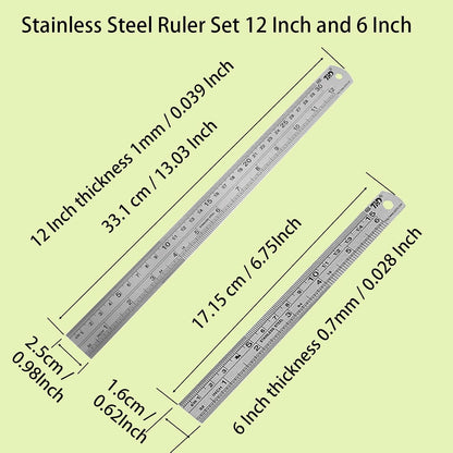 YouOKLight Metal Ruler Set, Stainless Steel 6 Inch and 12 Inch Rulers with Inches and Centimeters, Metric Precision Measuring Drawing Ruler, Silver