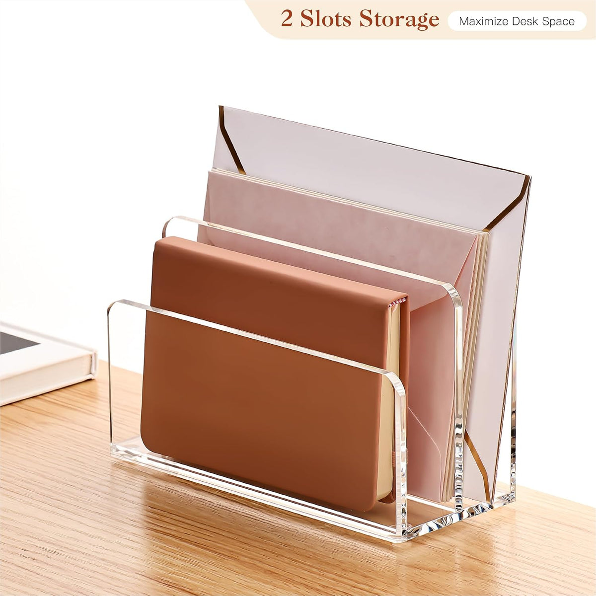 YUXUN Acrylic Mail Organizer, Clear Mail Holder - 2 Compartments Mail Sorter, File Organizer for Desk, Office Accessories for Mail, Bills, Documents, Notebooks