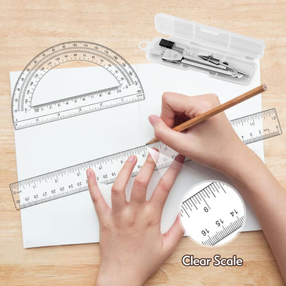 3 Pcs Clear Protractor and Compasses Set, Plastic Clear Ruler 12 Inch