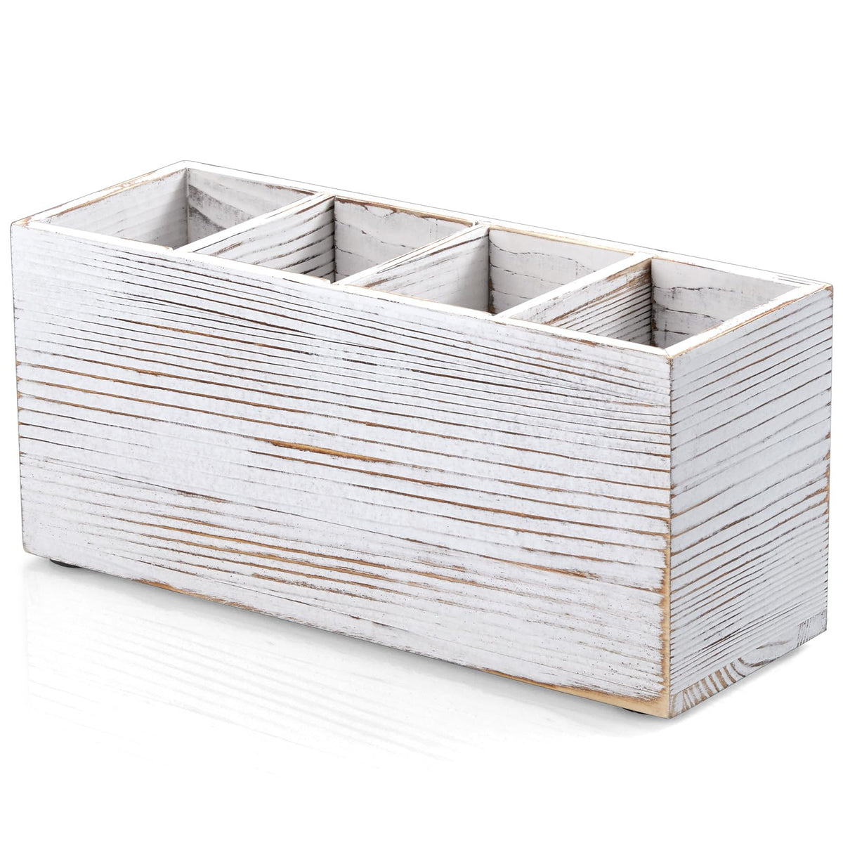 Bivvclaz Pencil Pen Holder for Desk, Wooden Office Desk Organizers and Accessories with 4 Slots for Countertop, Makeup Brush Holder Organizer for Bathroom Vanity, Silverware Caddy for Party, Black