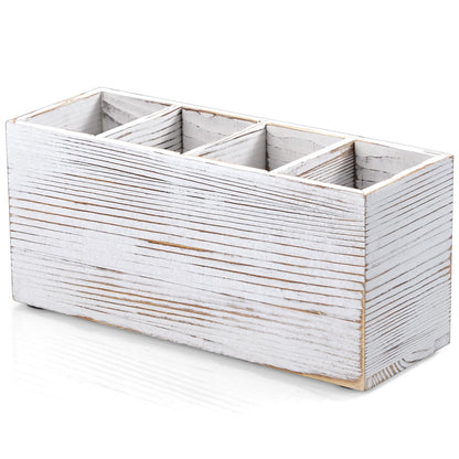 Bivvclaz Pencil Pen Holder for Desk, Wooden Office Desk Organizers and Accessories with 4 Slots for Countertop, Makeup Brush Holder Organizer for Bathroom Vanity, Silverware Caddy for Party, Black