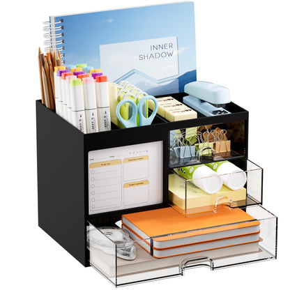 Marbrasse Desk Organizer with 3 Drawer, Multi-Functional Pencil Pen Holder for Desk, Desk Organizers and Accessories with 4 Compartments, Desktop Organizer Storage for Office Home Art Supplies (Black)