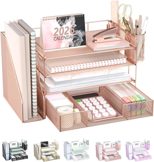 WALI Desk File Organizer, 4 Tier Desktop Paper Letter Tray Organizer with Drawer and 2 Pen Holders, Office Desk Accessories & Workspace Organizers for Office, Home, School Supplies, 1 Pack, Rose Gold