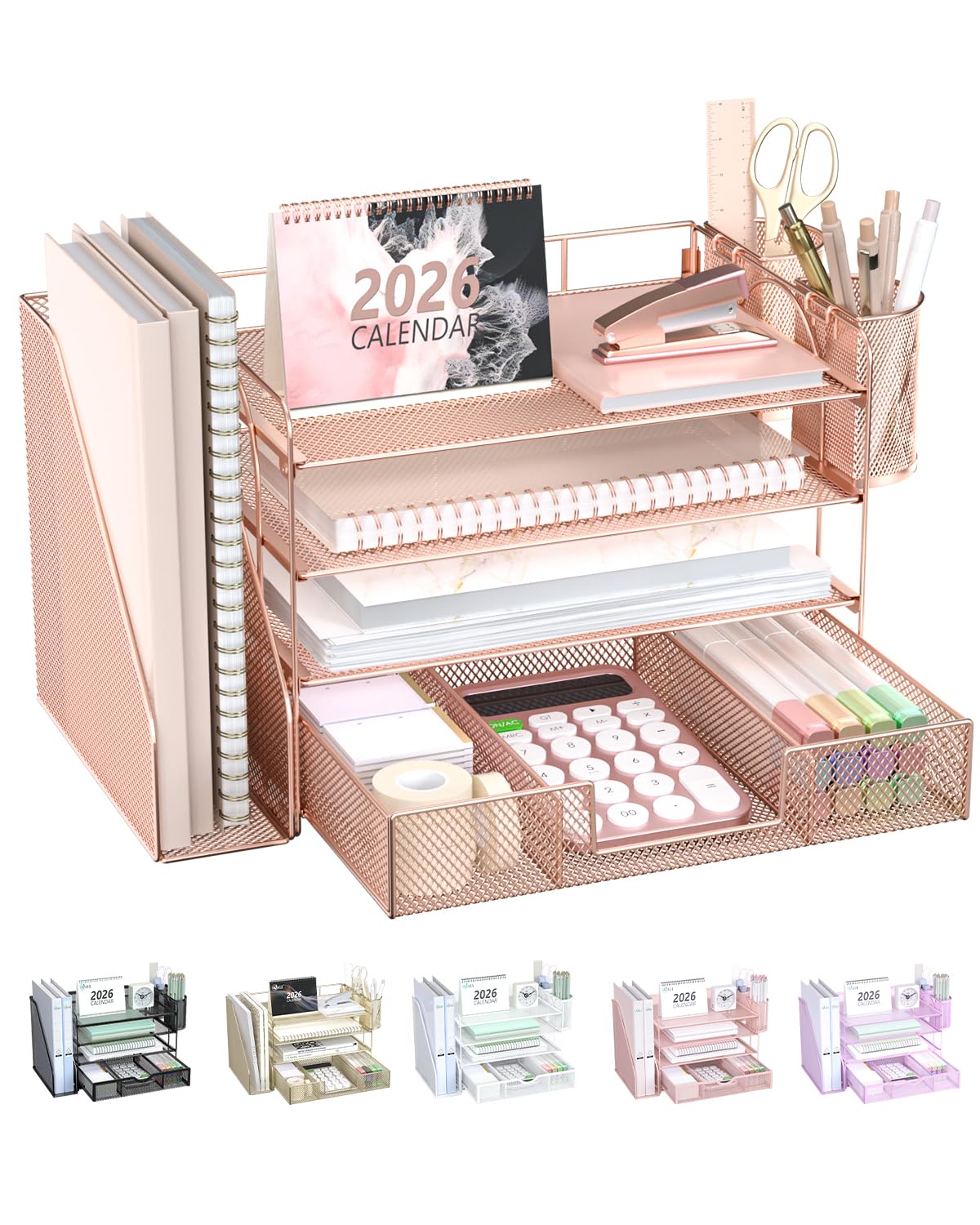 WALI Desk File Organizer, 4 Tier Desktop Paper Letter Tray Organizer with Drawer and 2 Pen Holders, Office Desk Accessories & Workspace Organizers for Office, Home Supplies(DO005DH-B), 1 Pack, Black