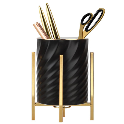 Gold pencil cup Sturdy metal frame with white ceramic pen holder For desks and kitchen appliance holders