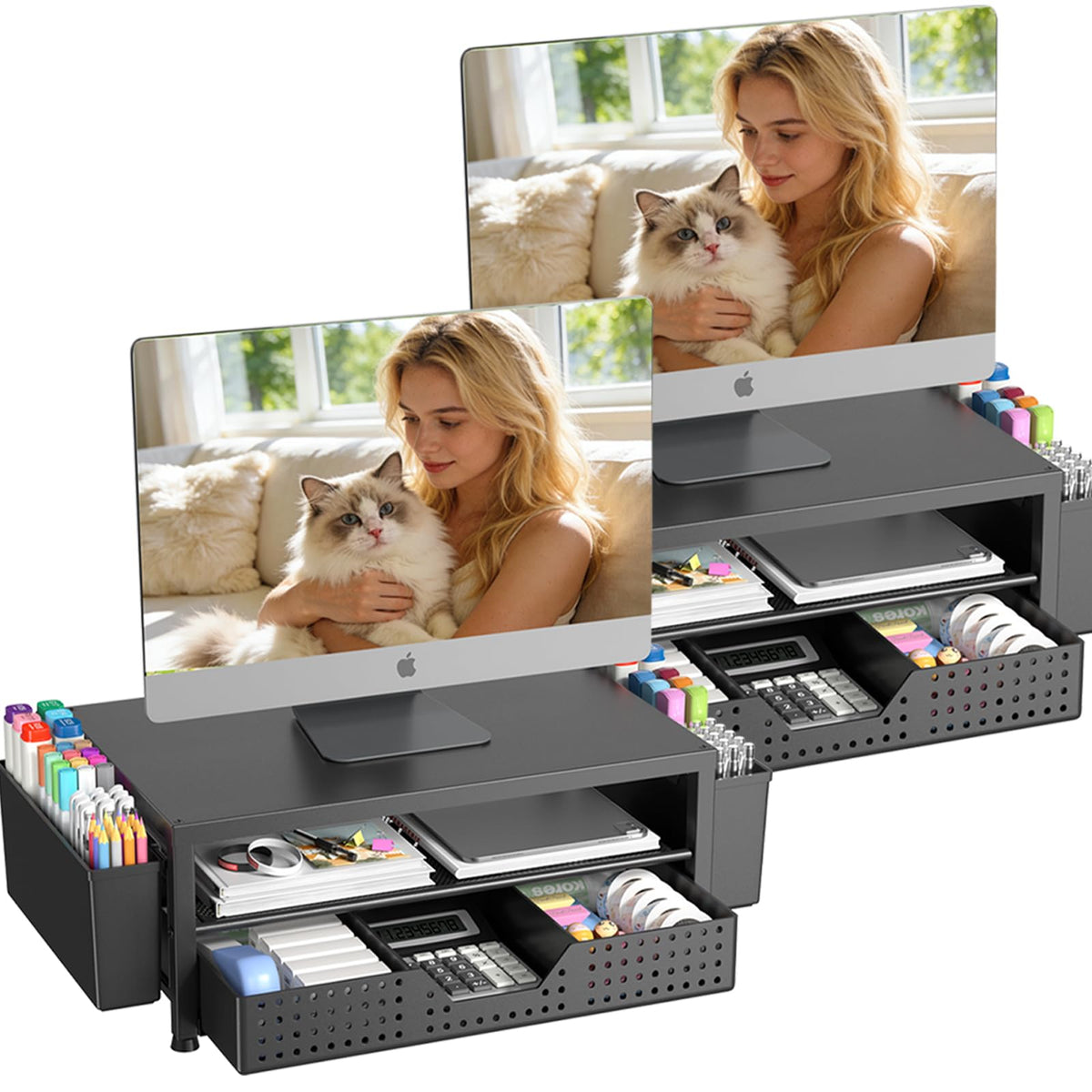 OPNICE Desk Organizers and Accessories, Computer Monitor Stand Riser with Drawer and 2 Pen Holders, Printer & Laptop Stand, Office Desk Accessories & Workspace Organizers for Home Office Supplies, Black