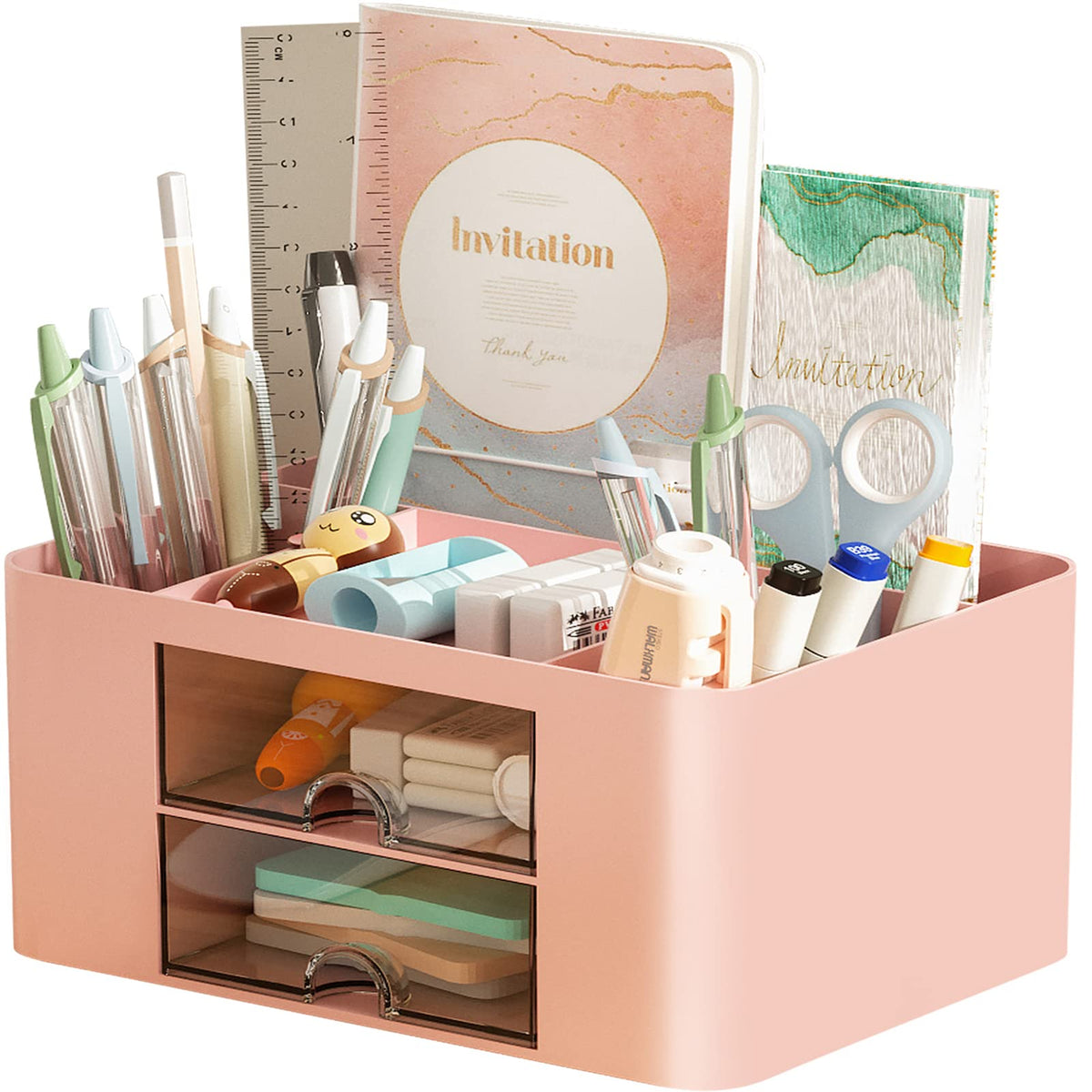 Marbrasse Pen Organizer with 2 Drawer, Multi-Functional Pencil Holder for Desk, Desk Organizers and Accessories with 5 Compartments + Drawer for Office Art Supplies (White)