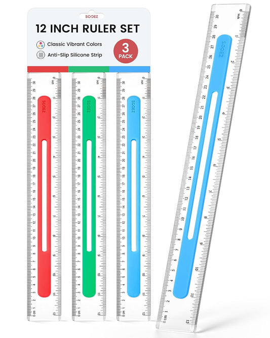 Sooez 3 Pack Ruler 12 Inch, Anti-Slip Clear Rulers for Kids School, Classic