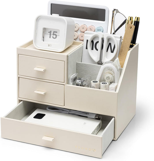 VLANDO Desk Organizer,PU Leather Office Storage with Compartments,Beige