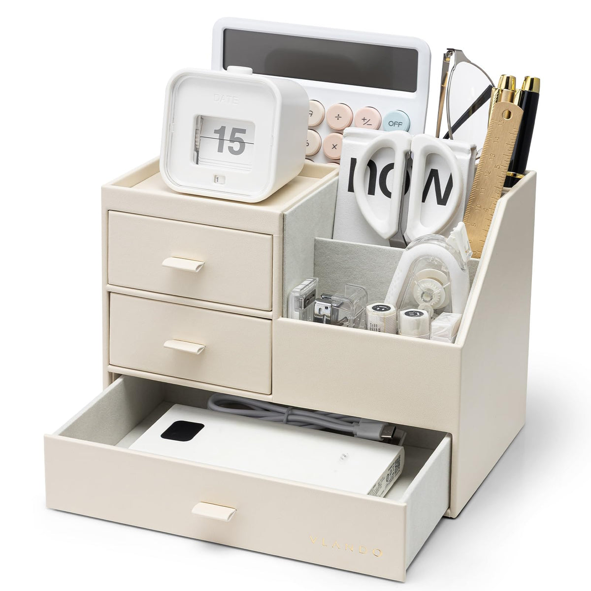 VLANDO Desk Organizer,PU Leather Office Storage with Compartments,Beige