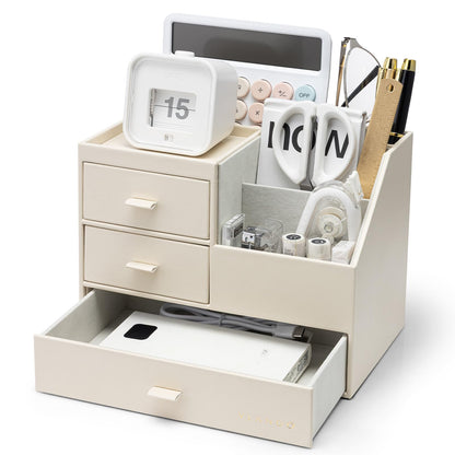 VLANDO Desk Organizer,PU Leather Office Storage with Compartments,Beige