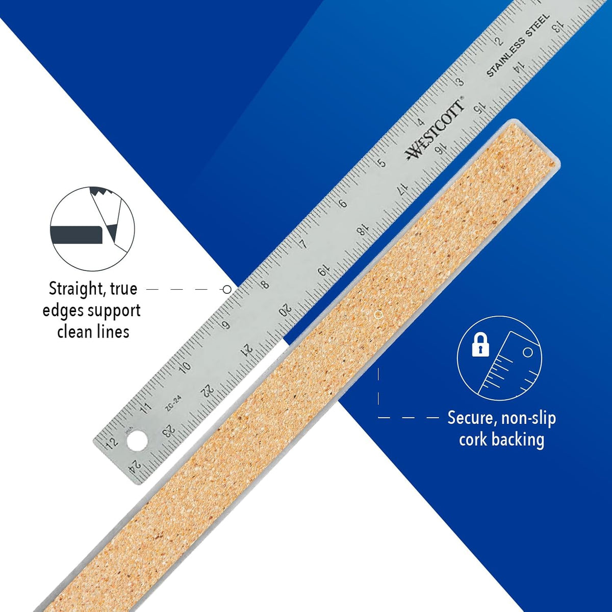 Westcott Stainless Steel Ruler, Zero-Center Scale with Non-Slip Cork Backing, Back-to-School, School Supplies, Classroom Supplies, 24-Inch